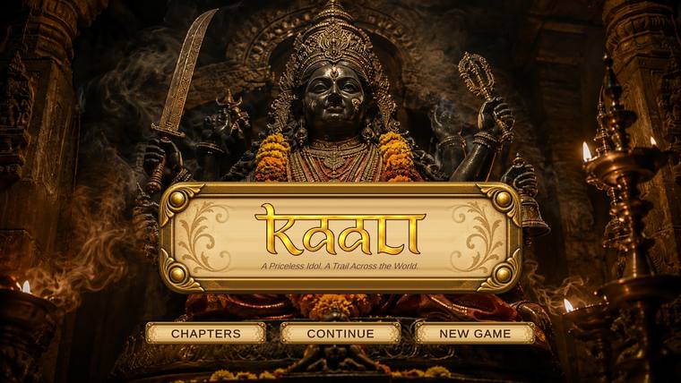 The Kaali title screen, a stone idol lit by oil lamps